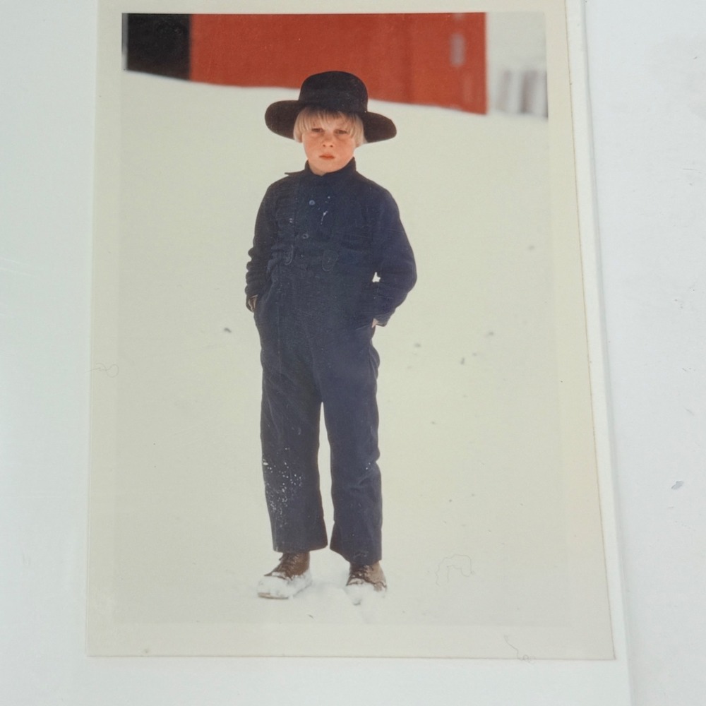 Bill Coleman Vintage Photograph Boy in Amish Style Outfit Black Hat on Snow‎